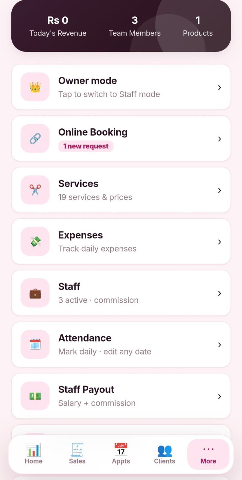 Salonipy features menu