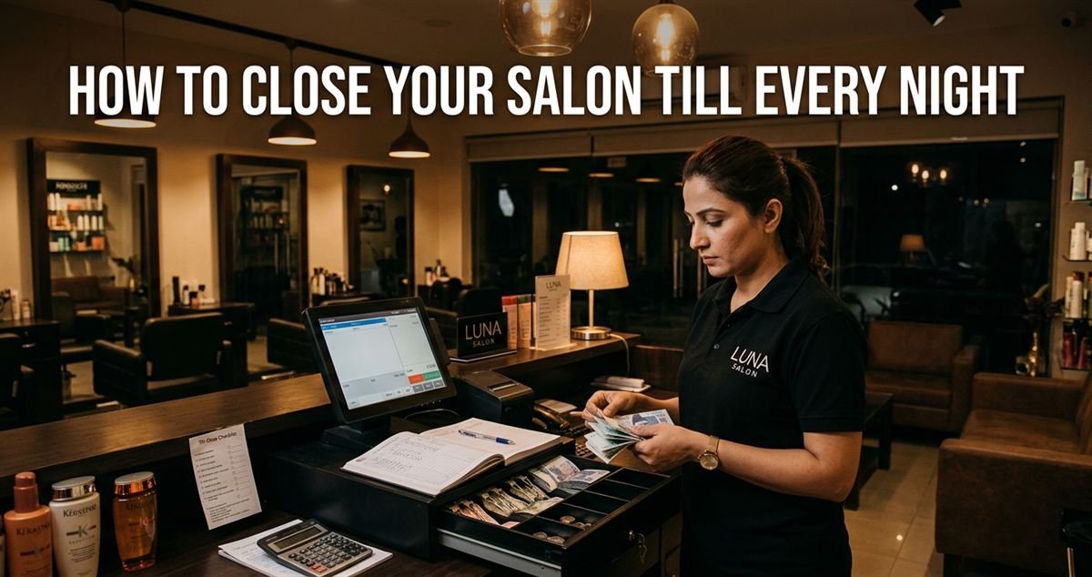 Salon owner counting cash at the reception desk at closing time