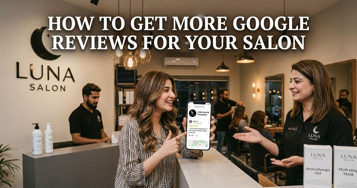 Client holding a phone showing a five-star review for a beauty salon