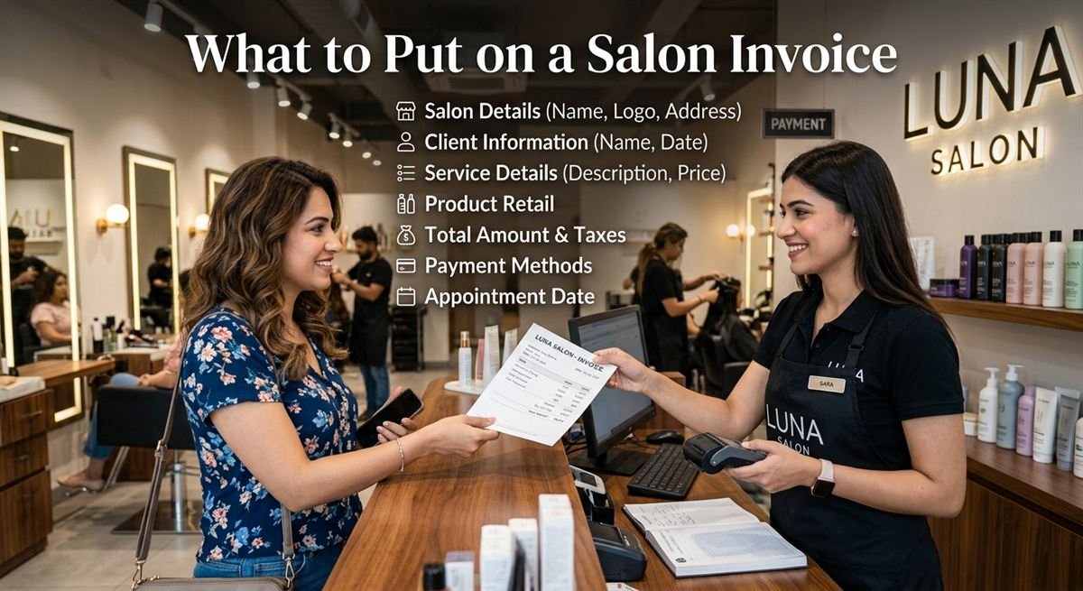 Salon receptionist handing a client a printed invoice at the front desk