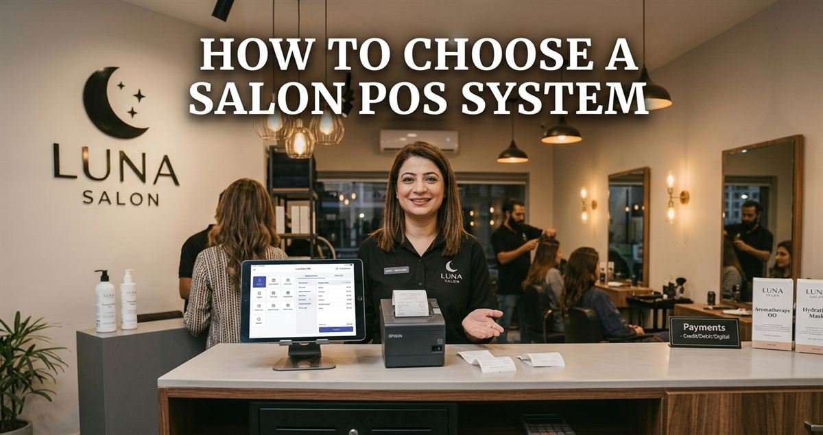 Tablet point-of-sale system and receipt printer on a modern salon reception desk