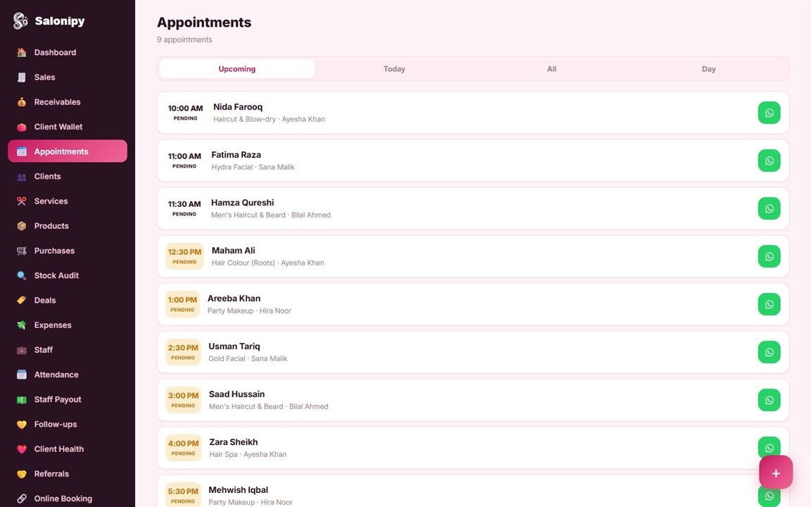 Salonipy appointments list on desktop
