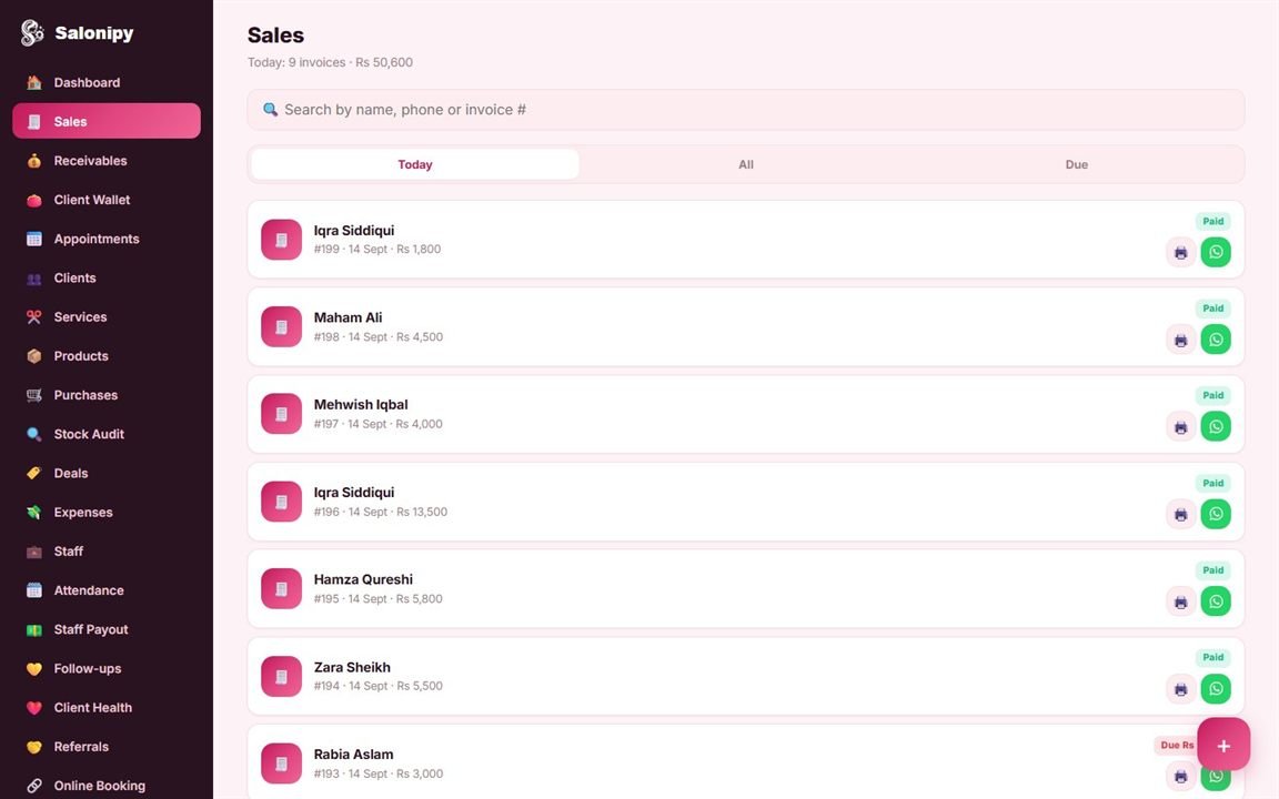 Salonipy sales and invoices on desktop