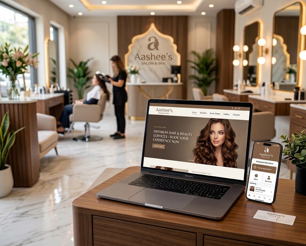 A salon's custom website shown on a laptop next to its branded booking app on a phone, designed by Salonipy